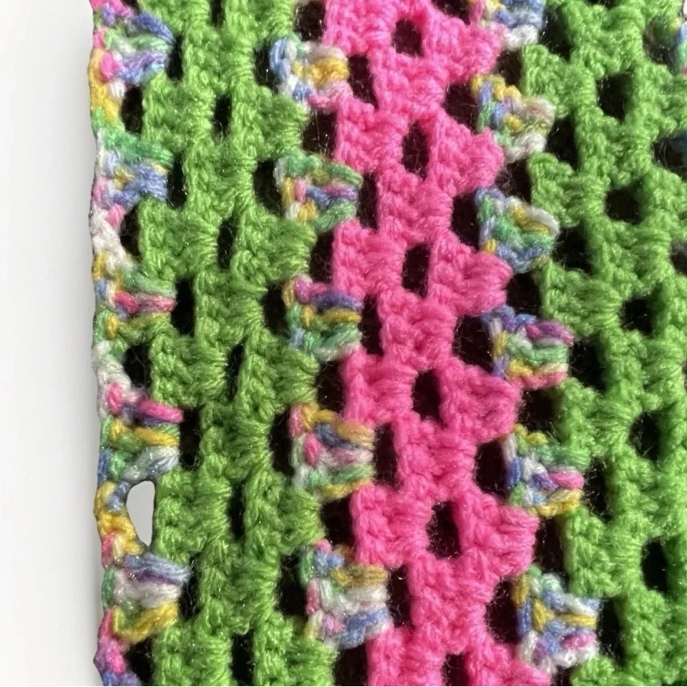 Vintage Handmade Crochet Granny Blanket Pink Green Square Cottagecore 64 x 64